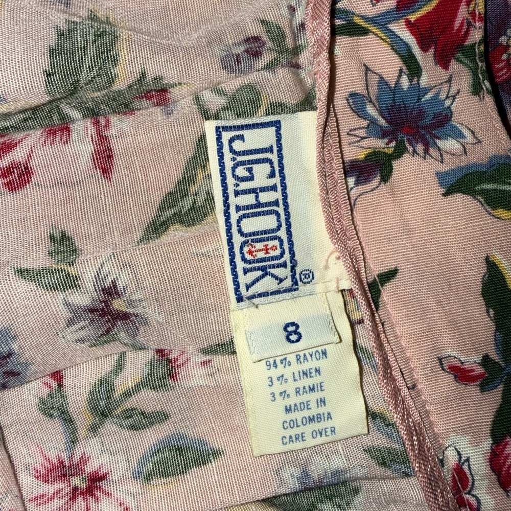 VTG Floral Pleated Skirt M Blush Pink Cottagecore Prairie Pockets Linen Ramie - Picture 5 of 6
